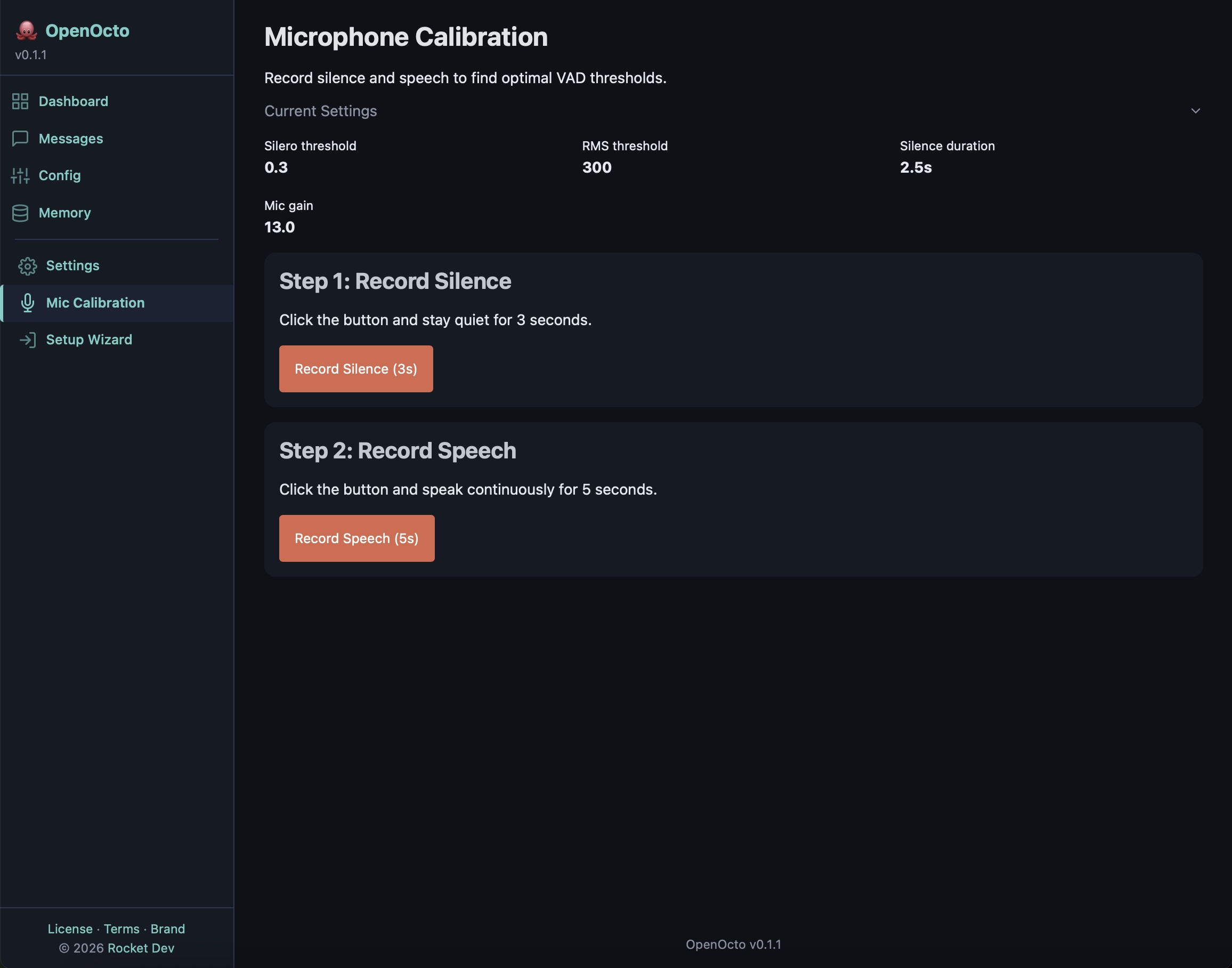 OpenOcto admin — mic calibration