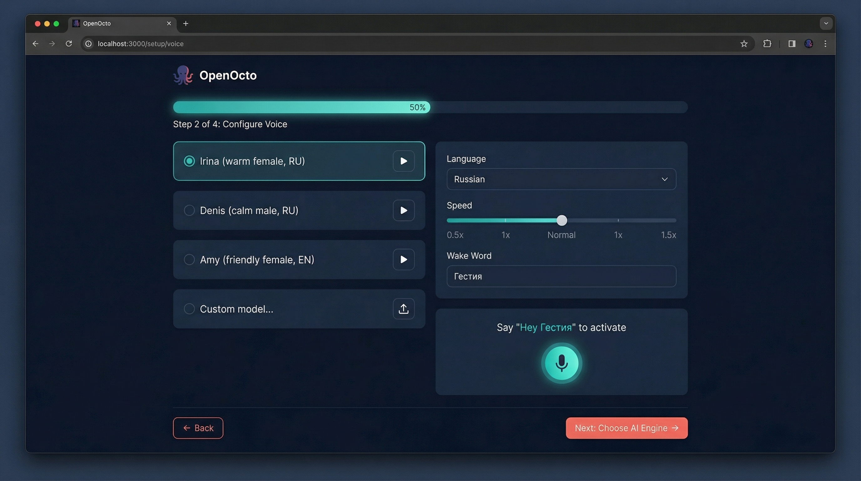 OpenOcto setup wizard — configure voice